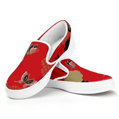 Japanese Flower Print White Slip On Shoes