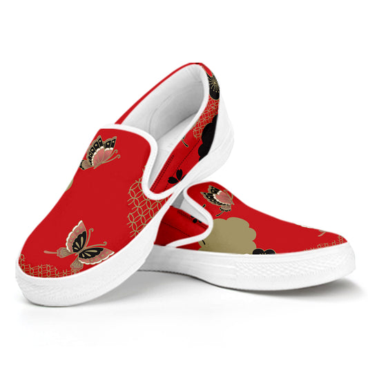 Japanese Flower Print White Slip On Shoes