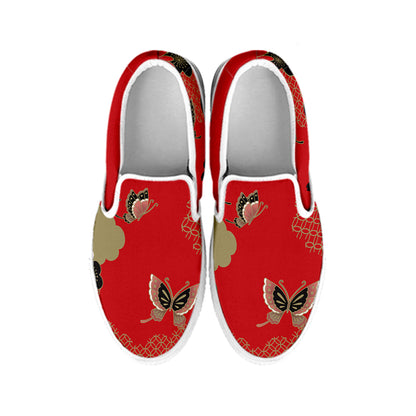Japanese Flower Print White Slip On Shoes