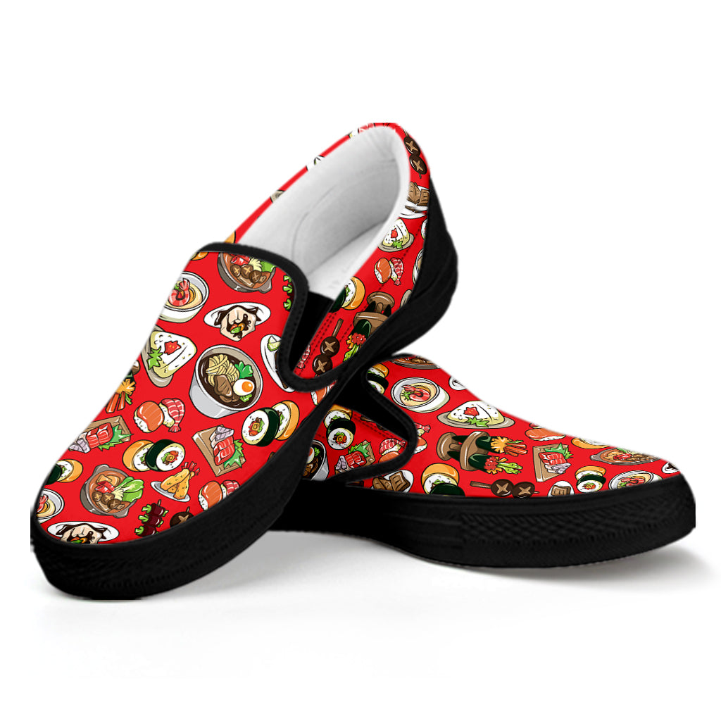 Japanese Food Pattern Print Black Slip On Shoes