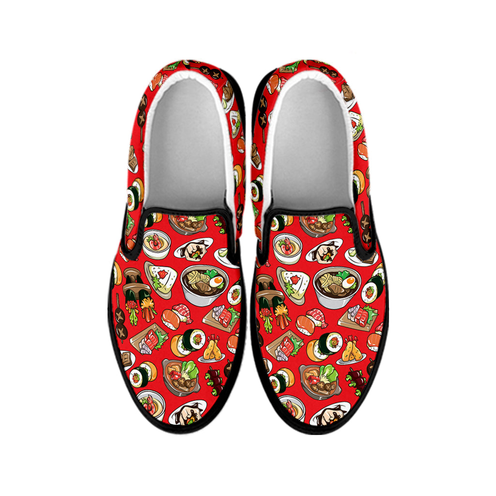 Japanese Food Pattern Print Black Slip On Shoes