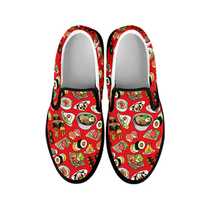 Japanese Food Pattern Print Black Slip On Shoes