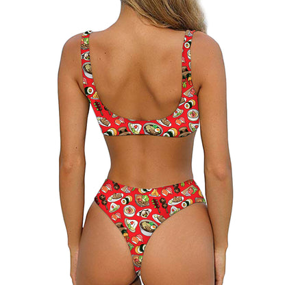 Japanese Food Pattern Print Front Bow Tie Bikini