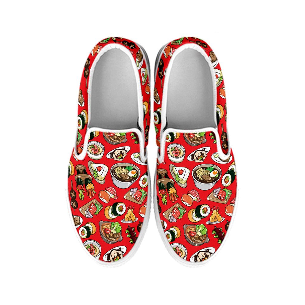 Japanese Food Pattern Print White Slip On Shoes