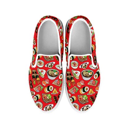 Japanese Food Pattern Print White Slip On Shoes