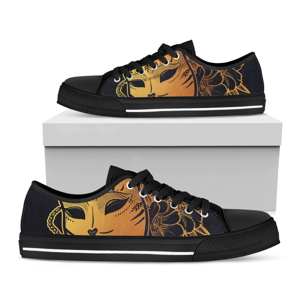Japanese Fox Mask Print Black Low Top Shoes 