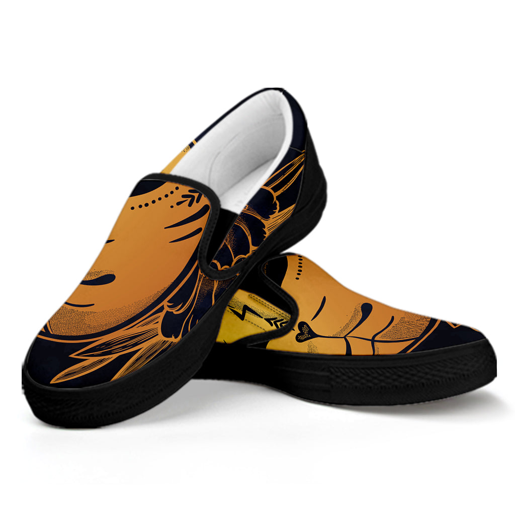 Japanese Fox Mask Print Black Slip On Shoes