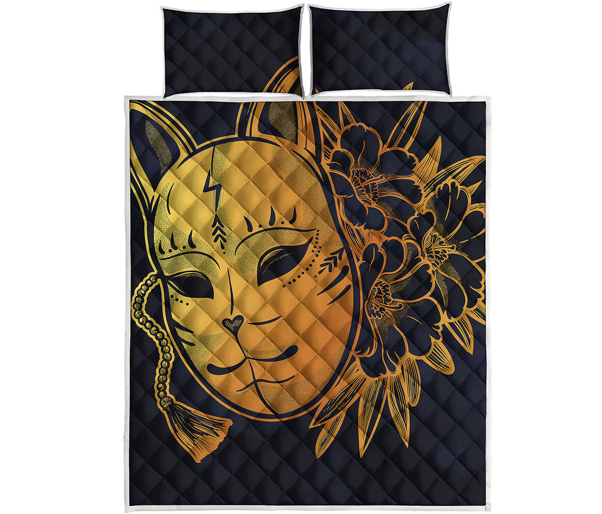 Japanese Fox Mask Print Quilt Bed Set