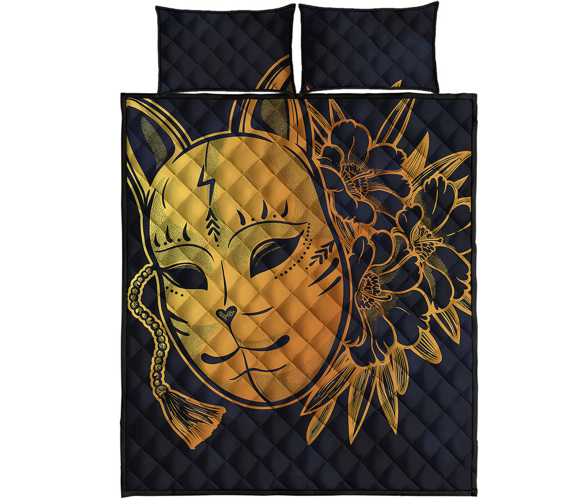 Japanese Fox Mask Print Quilt Bed Set