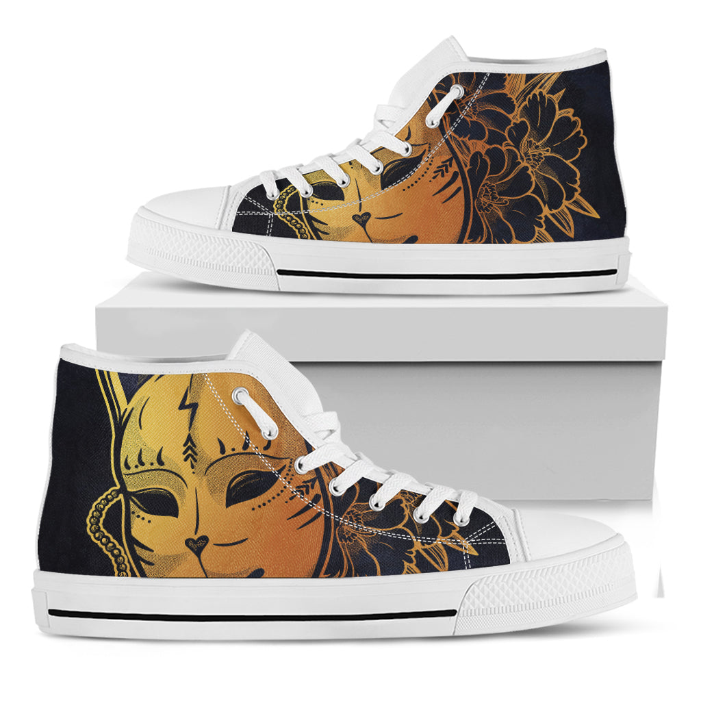 Japanese Fox Mask Print White High Top Shoes