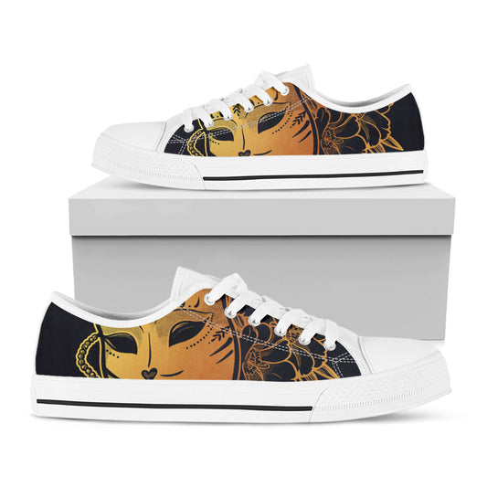 Japanese Fox Mask Print White Low Top Shoes