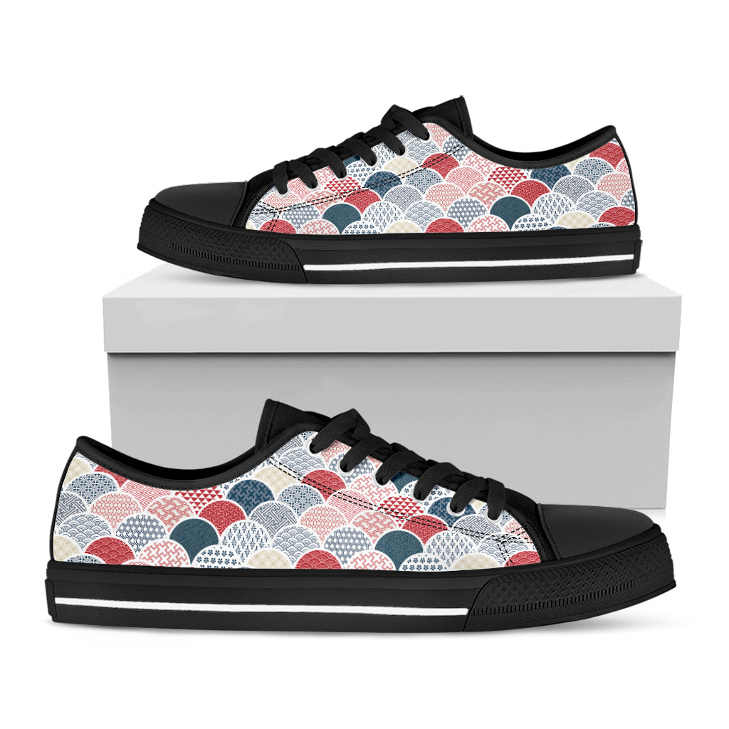 Japanese Geometric Pattern Print Black Low Top Shoes
