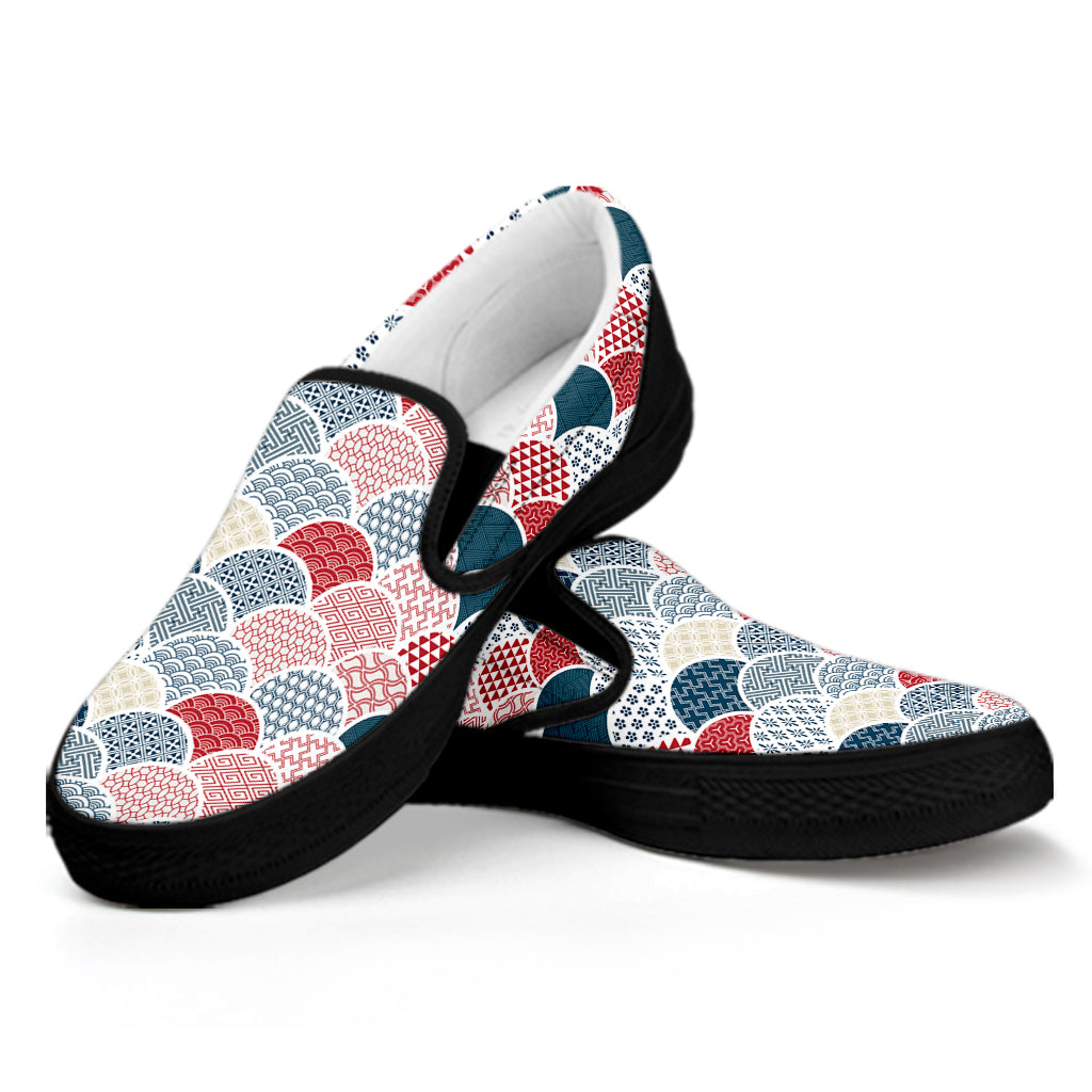 Japanese Geometric Pattern Print Black Slip On Shoes