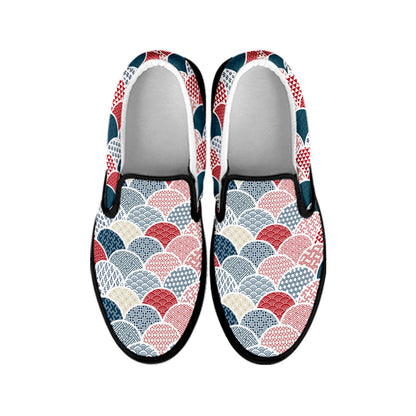 Japanese Geometric Pattern Print Black Slip On Shoes
