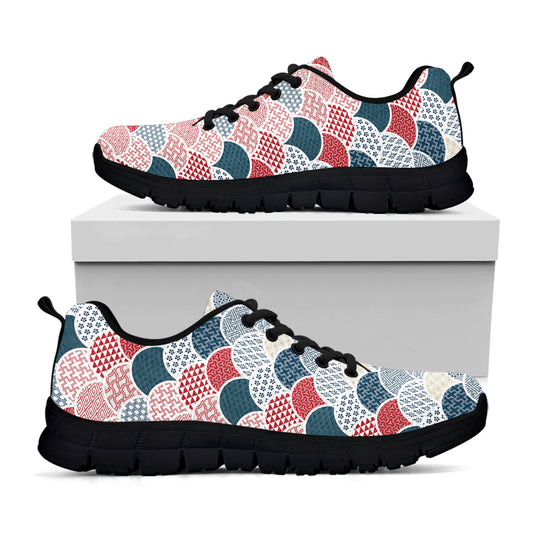 Japanese Geometric Pattern Print Black Sneakers