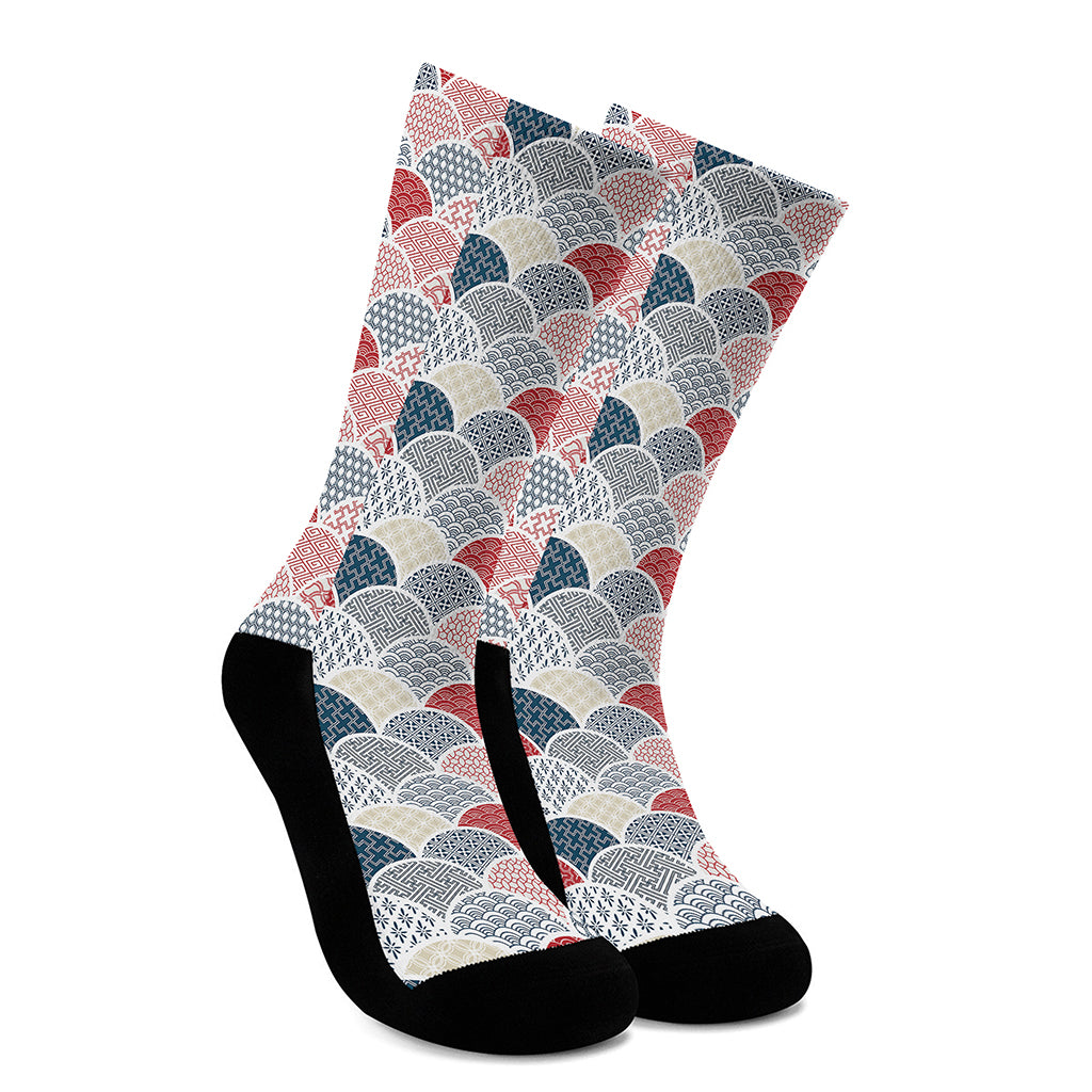 Japanese Geometric Pattern Print Crew Socks