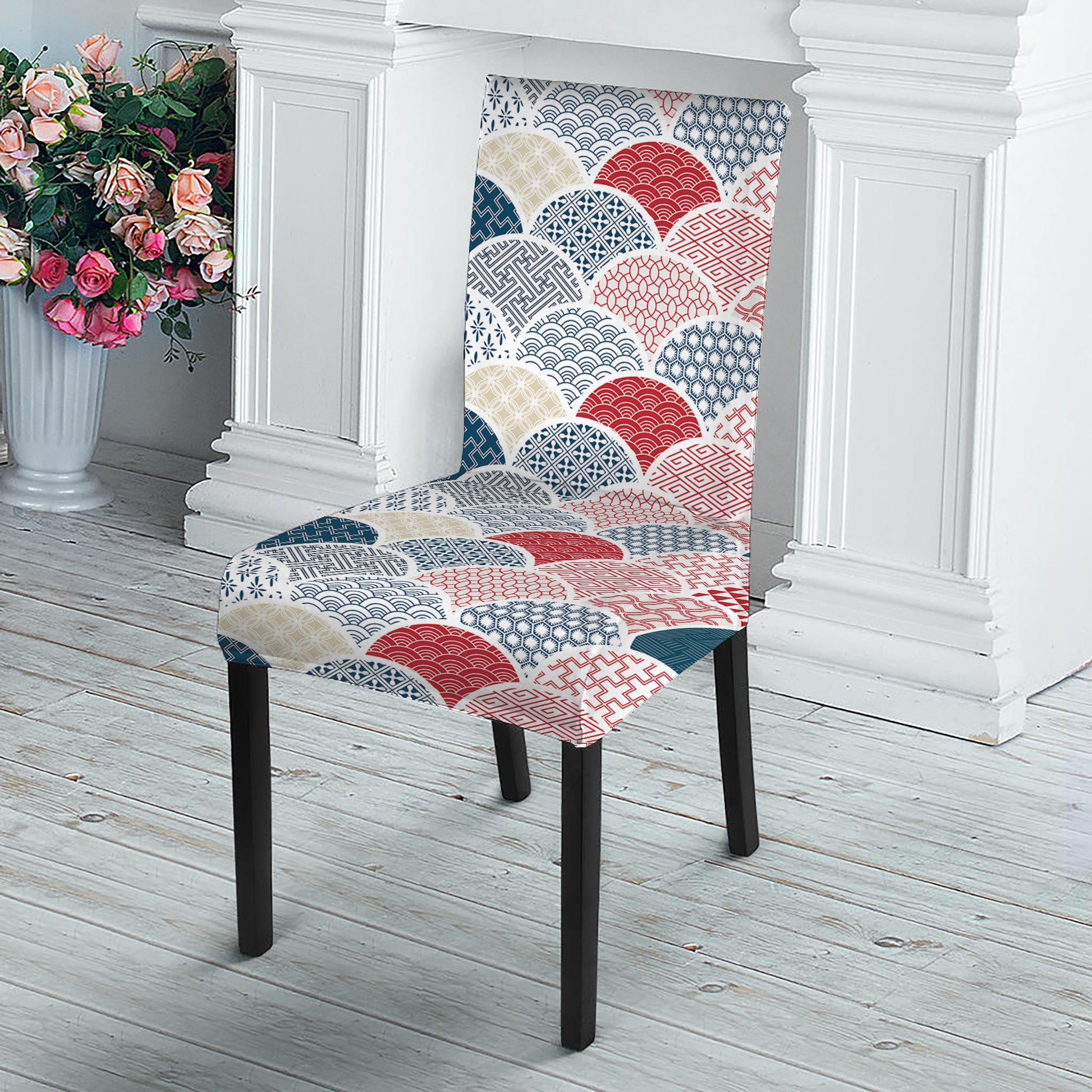 Japanese Geometric Pattern Print Dining Chair Slipcover
