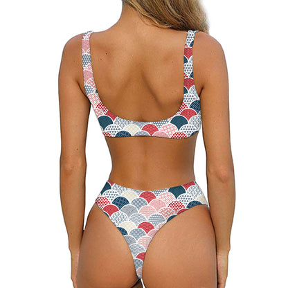 Japanese Geometric Pattern Print Front Bow Tie Bikini