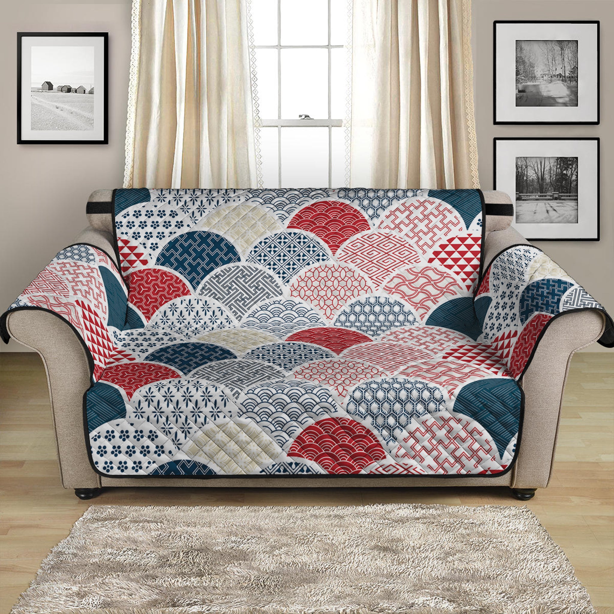 Japanese Geometric Pattern Print Loveseat Protector