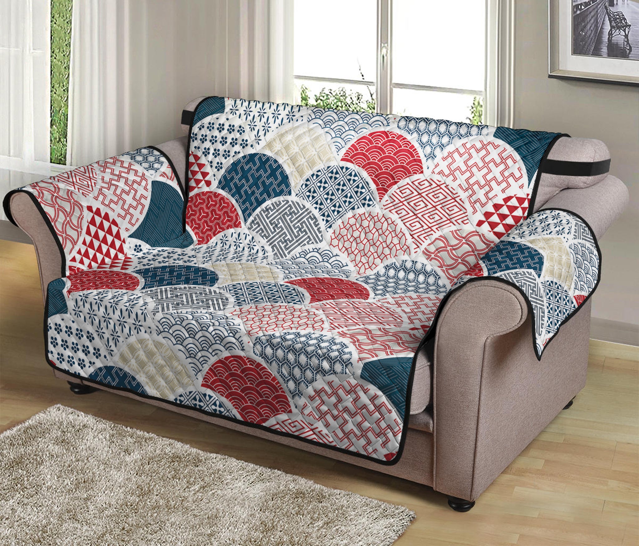 Japanese Geometric Pattern Print Loveseat Protector