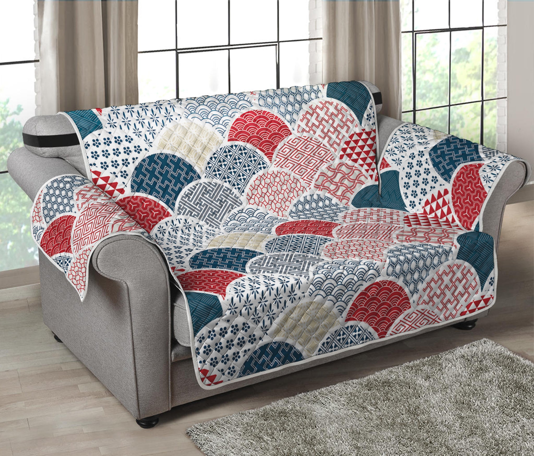 Japanese Geometric Pattern Print Loveseat Protector