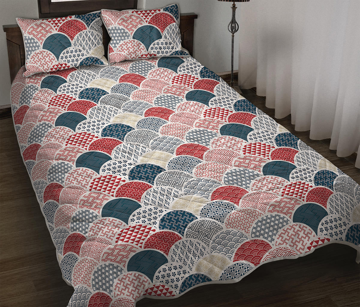 Japanese Geometric Pattern Print Quilt Bed Set