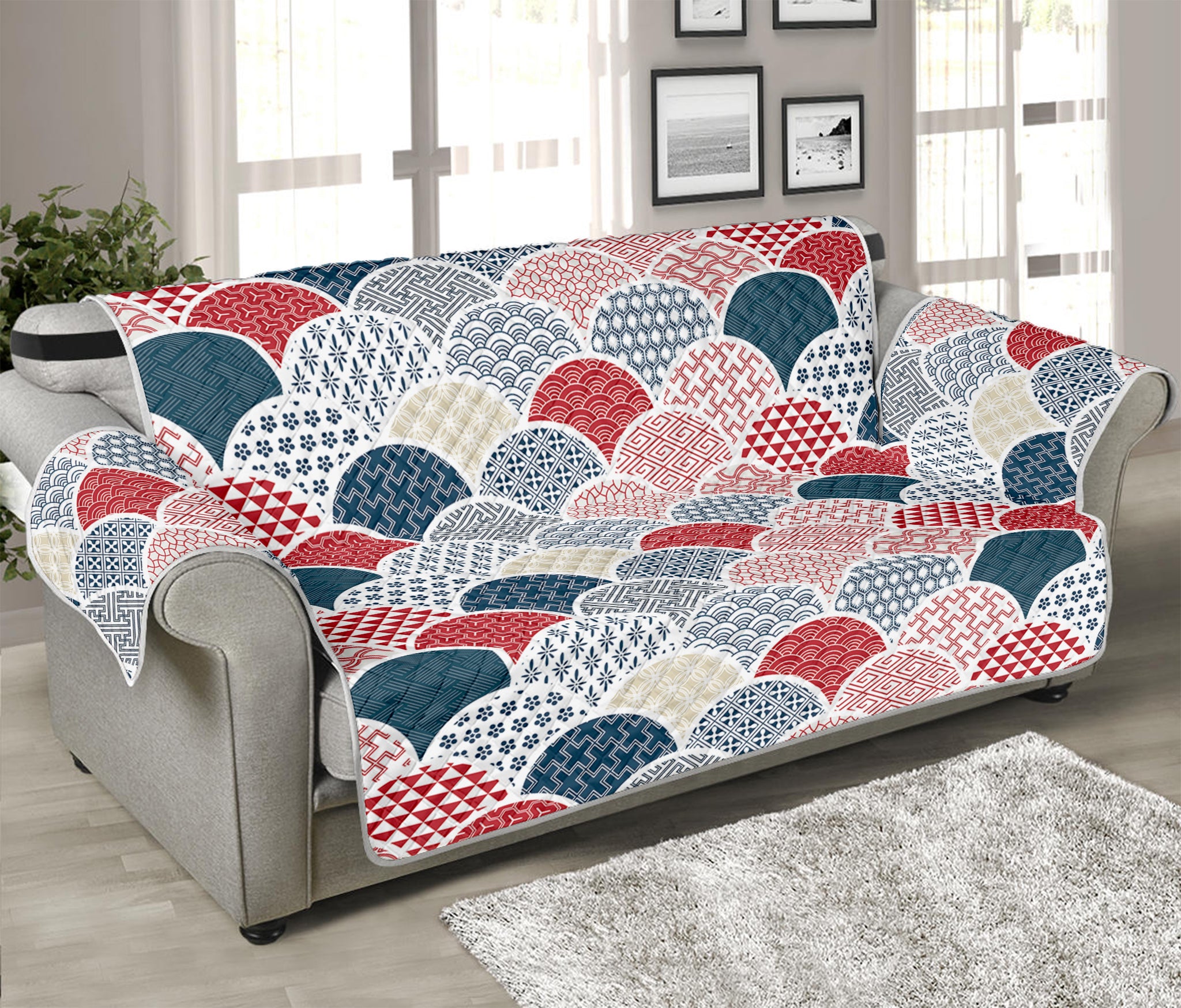 Japanese Geometric Pattern Print Sofa Protector