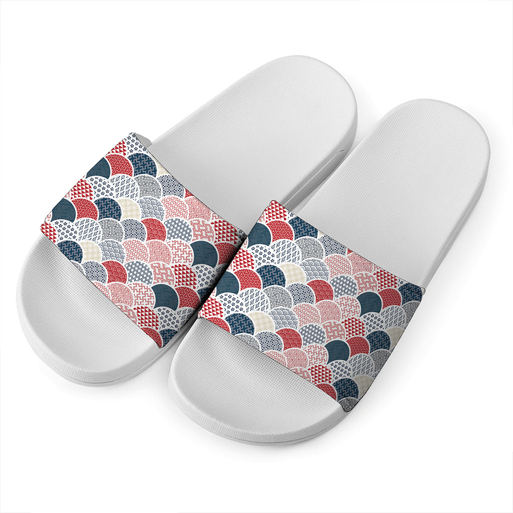 Japanese Geometric Pattern Print White Slide Sandals