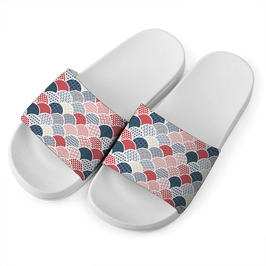 Japanese Geometric Pattern Print White Slide Sandals