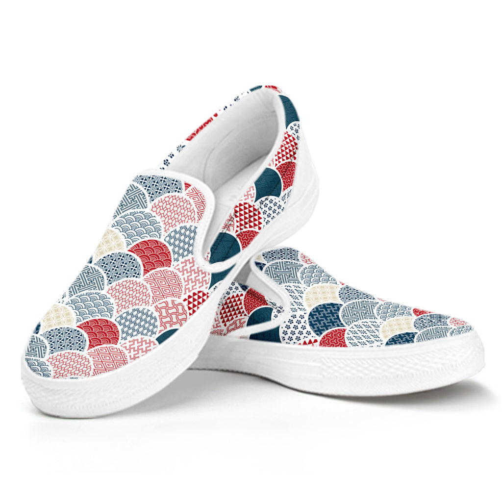 Japanese Geometric Pattern Print White Slip On Shoes