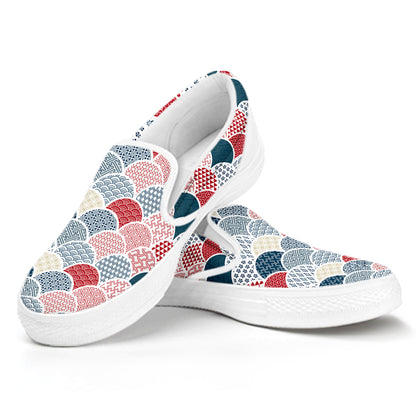 Japanese Geometric Pattern Print White Slip On Shoes