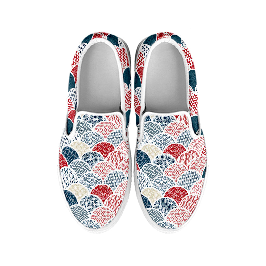 Japanese Geometric Pattern Print White Slip On Shoes