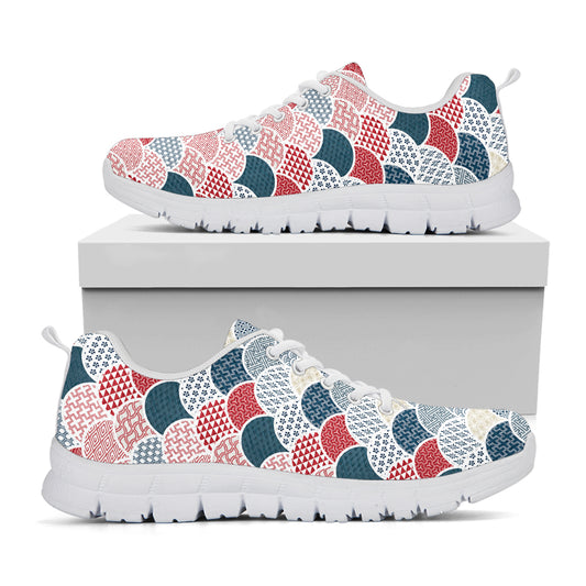 Japanese Geometric Pattern Print White Sneakers