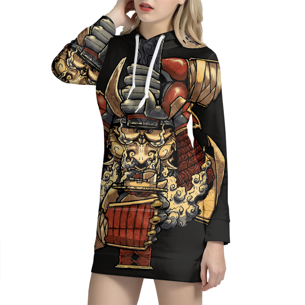 Japanese Ghost Samurai Print Pullover Hoodie Dress