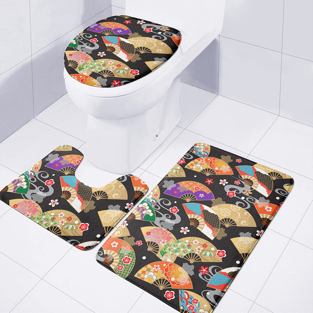 Japanese Hand Fan Pattern Print 3 Piece Bath Mat Set
