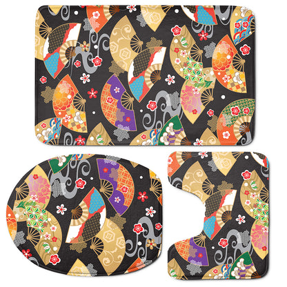 Japanese Hand Fan Pattern Print 3 Piece Bath Mat Set