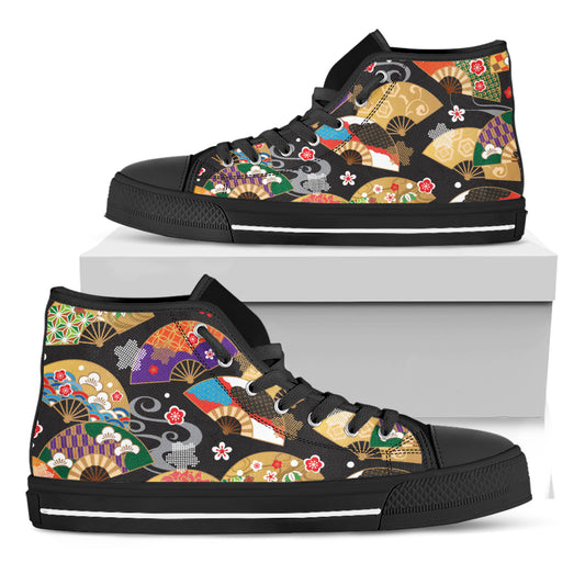 Japanese Hand Fan Pattern Print Black High Top Shoes