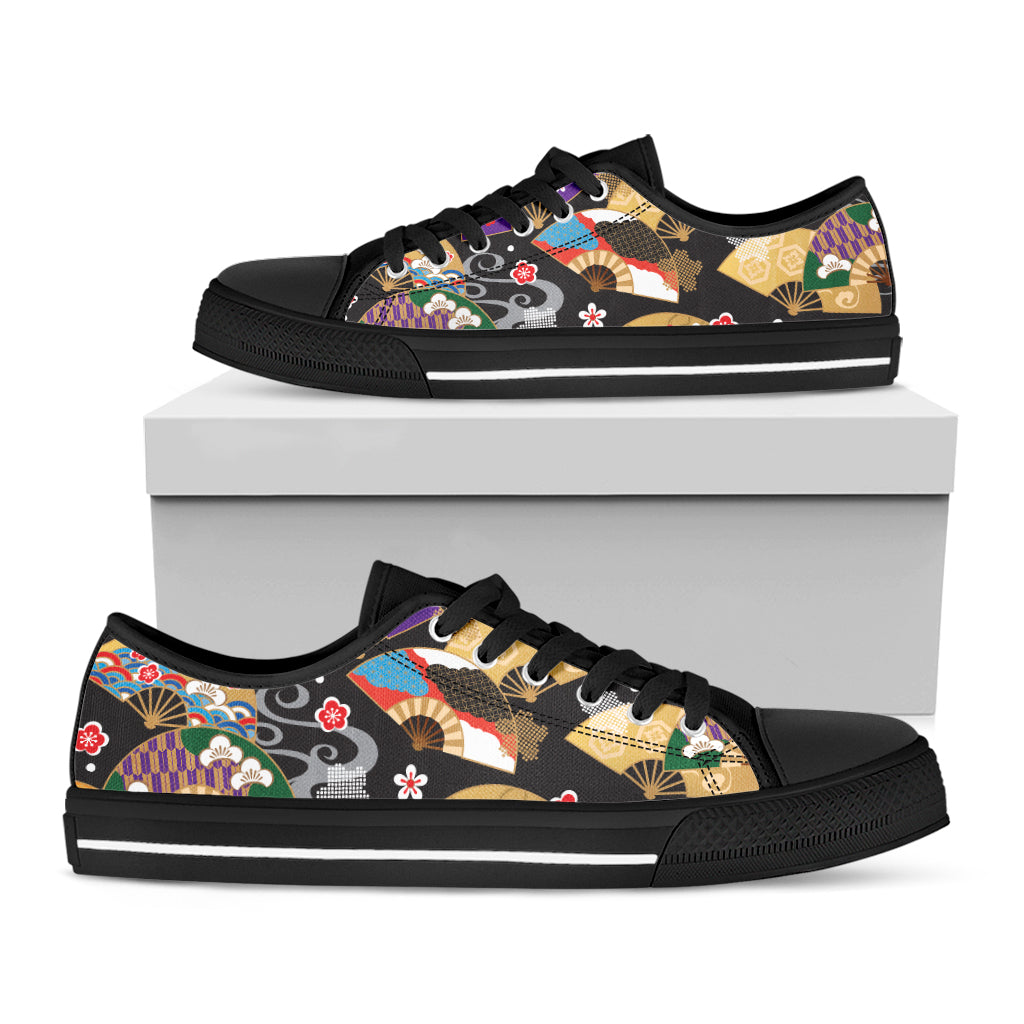 Japanese Hand Fan Pattern Print Black Low Top Shoes