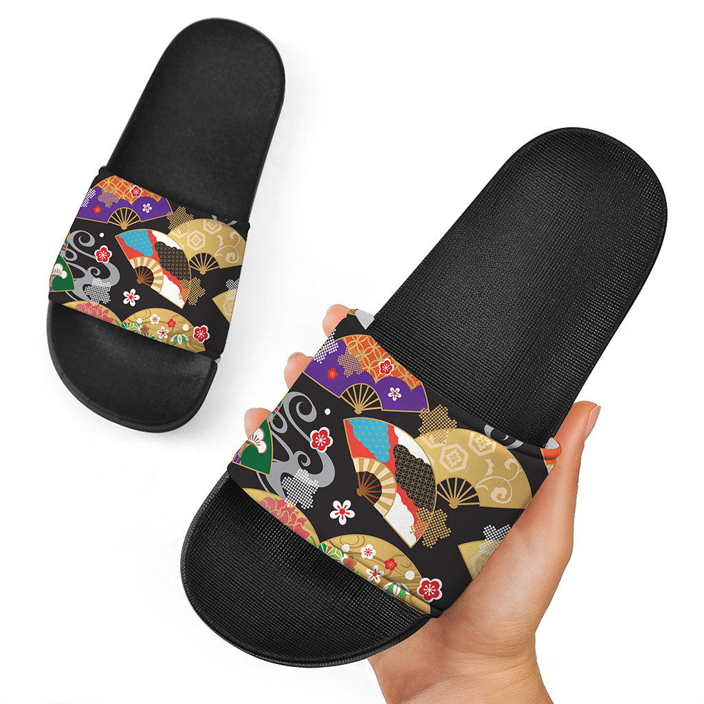 Japanese Hand Fan Pattern Print Black Slide Sandals