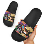 Japanese Hand Fan Pattern Print Black Slide Sandals