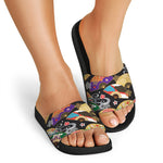 Japanese Hand Fan Pattern Print Black Slide Sandals