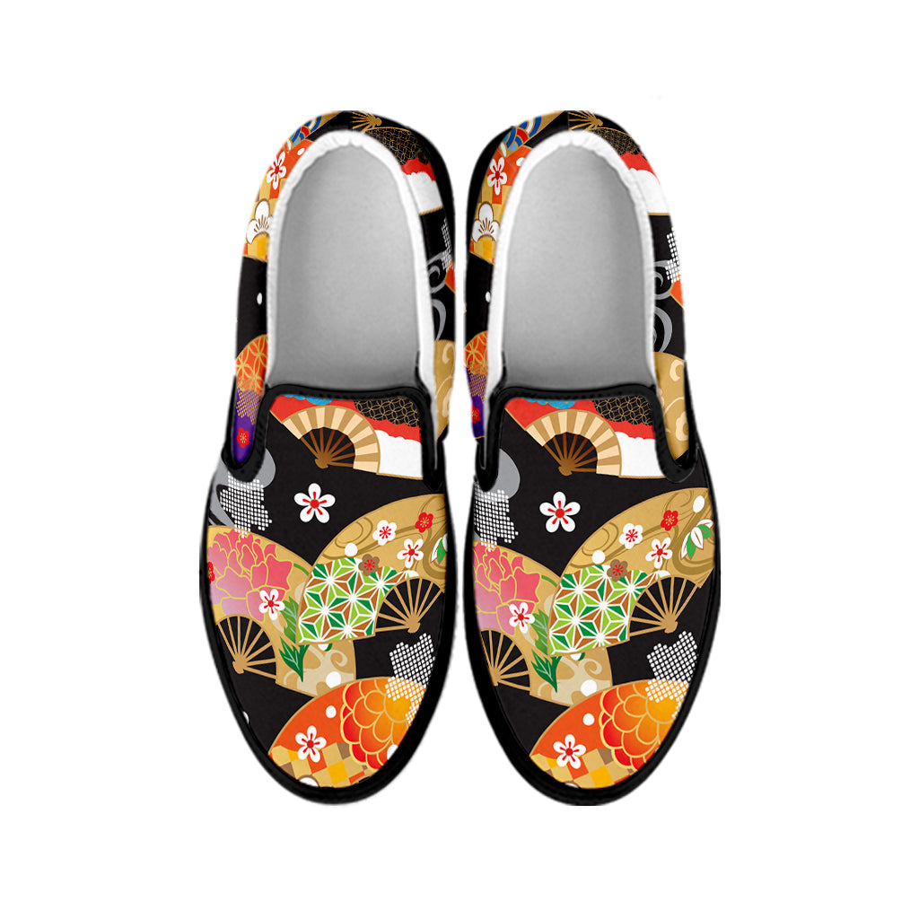 Japanese Hand Fan Pattern Print Black Slip On Shoes