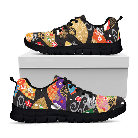 Japanese Hand Fan Pattern Print Black Sneakers