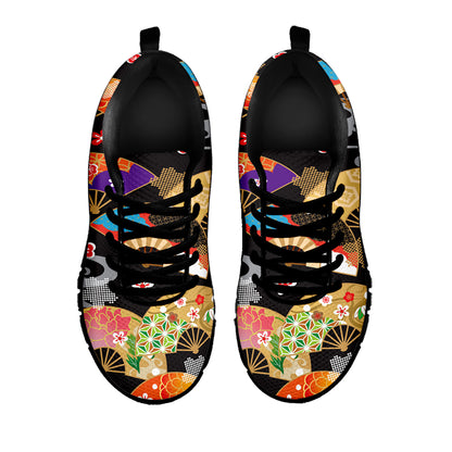 Japanese Hand Fan Pattern Print Black Sneakers