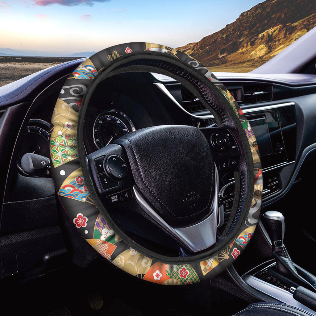 Japanese Hand Fan Pattern Print Car Steering Wheel Cover