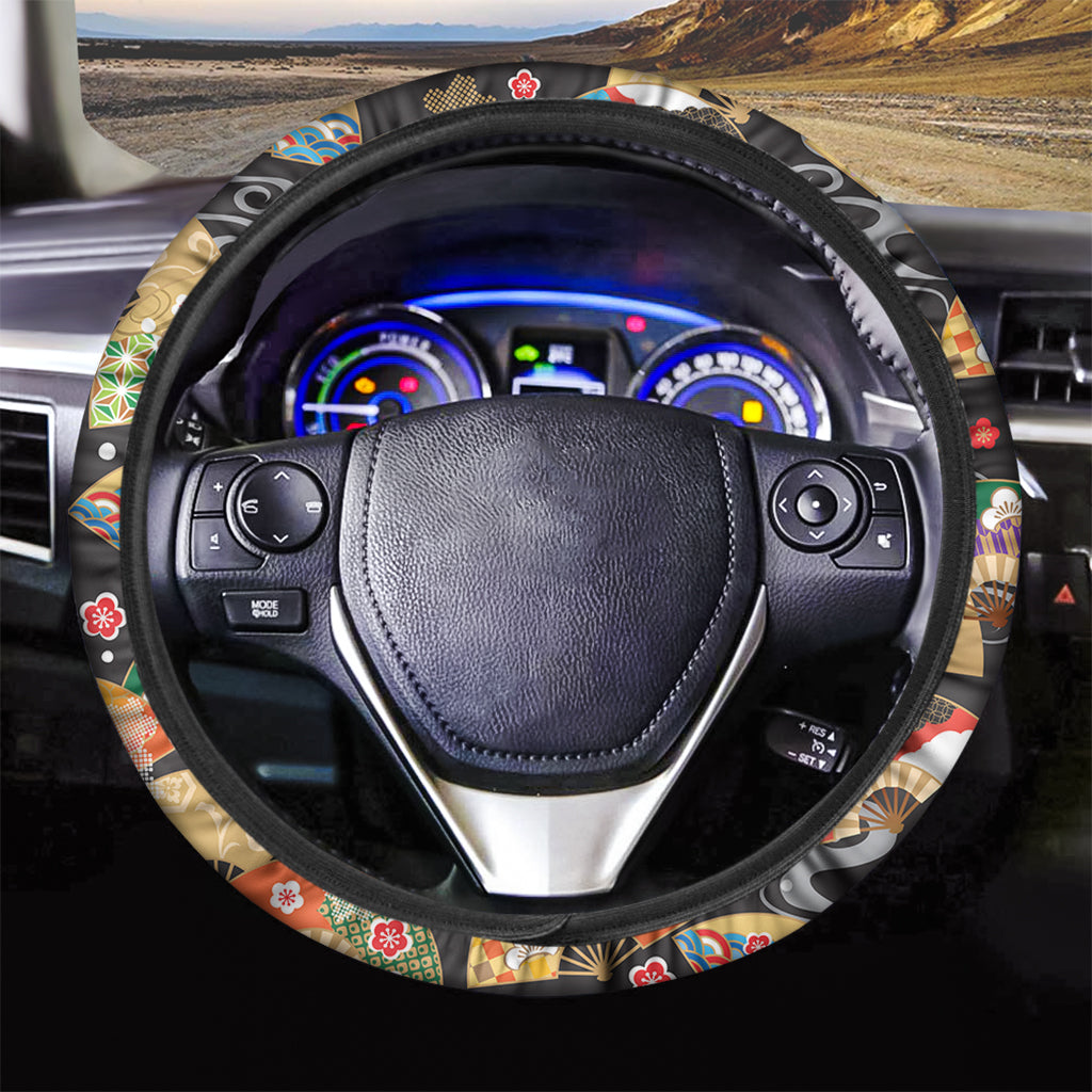 Japanese Hand Fan Pattern Print Car Steering Wheel Cover