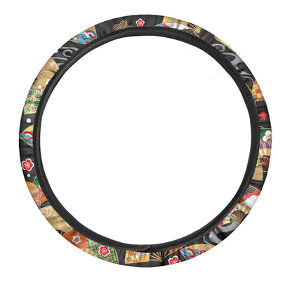 Japanese Hand Fan Pattern Print Car Steering Wheel Cover