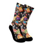 Japanese Hand Fan Pattern Print Crew Socks