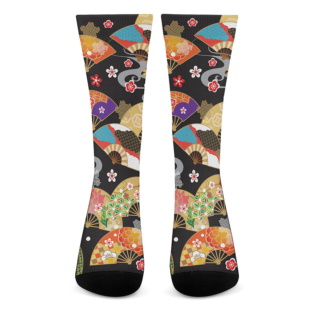 Japanese Hand Fan Pattern Print Crew Socks
