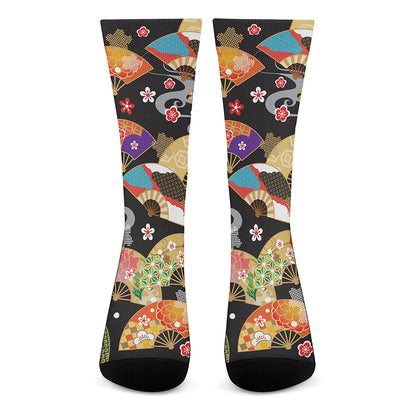 Japanese Hand Fan Pattern Print Crew Socks
